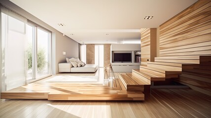 Wooden modern interior space, minimalistic clean design with natural material