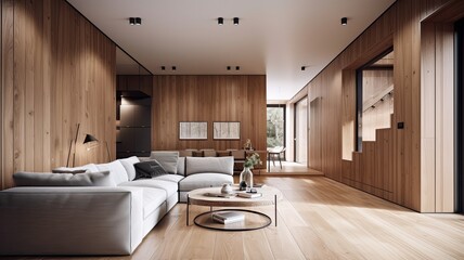 Wooden modern interior space, minimalistic clean design with natural material