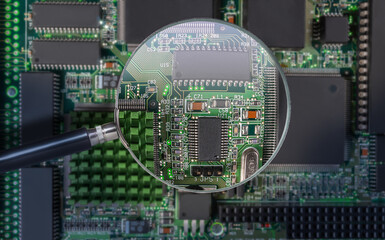 Wall Mural - view of printed circuit board with active and passive surface mounted components close up through magnifying glass