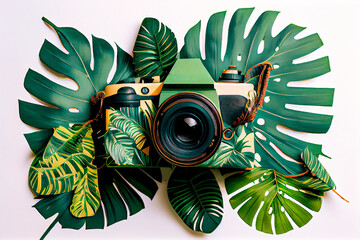 Tropical flat lay concept of travel equipment, camera on exotic green palm leaf. Jungle Summer concept. Illustration, Generative AI.