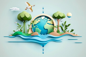 Wall Mural - Paper art , Environmental protection and save earth water , Ecology and world water day , Saving water and world Environment day , Generate Ai
