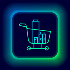 Canvas Print - Glowing neon line Shopping cart and food icon isolated on black background. Food store, supermarket. Colorful outline concept. Vector