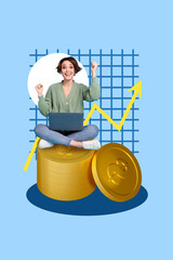 Poster - Creative abstract template collage of excited funky girl raise fists work remote business entrepreneur money abundance coins pile stack