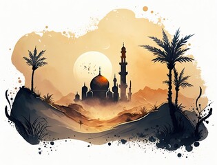 Traditional watercolor painting of a colorful mosque with minaret, generative ai