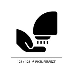 Sticker - Hand dryer pixel perfect black glyph icon. Contactless technology for public toilet. Hot air blowing in restroom. Silhouette symbol on white space. Solid pictogram. Vector isolated illustration