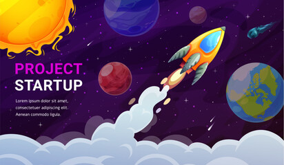 Poster - Startup project, fast start. Landing page space. Cartoon rocket launch, and space solar system planets on business project startup banner, vector background, company internet site homepage template