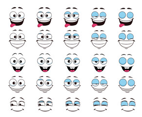 Wall Mural - Cartoon face and blink laugh giggle eye animation. Vector happy smiling character facial expression animated sprite sheet. Funny personage with sticking tongue and open mouth express positive emotions