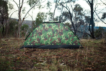 Hidden green camouflage tent on a hill in Adelaide, South Australia
