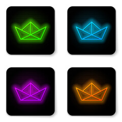 Sticker - Glowing neon line Folded paper boat icon isolated on white background. Origami paper ship. Black square button. Vector