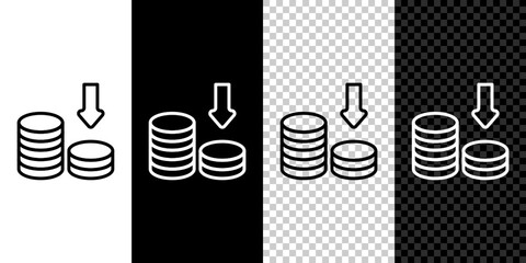 Poster - Set line Dollar rate decrease icon isolated on black and white, transparent background. Cost reduction. Money symbol with down arrow. Business lost crisis decrease. Vector