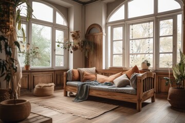 Poster - Boho chic contemporary home interior. Couch with cushion on hardwood floor, drapes on huge window in rustic living room on bright day, nobody, flat lie, open space. Generative AI