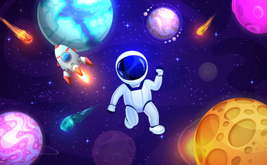 Poster - Cartoon astronaut in outer space, planets, stars and rocket spaceship. Space discovery, astronomy research vector backdrop with astronaut character in weightiness, alien planets, comet and asteroid