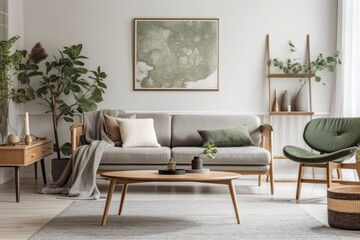 Sticker - Minimalist living room with gray couch, wooden coffee table, sculpture, plaid, imitation poster frame, purse, and stylish accessories. Interior design. Template Usable. Generative AI