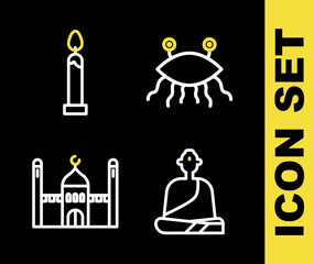 Poster - Set line Pastafarianism, Buddhist monk, Muslim Mosque and Burning candle icon. Vector