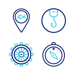 Sticker - Set line Compass, Ship steering wheel, Fishing hook and Location fishing icon. Vector