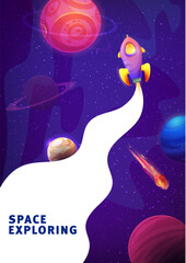 Poster - Rocket launch in galaxy space for landing page website, vector background. Space exploring for business startup website template or landing page layout with rocket spaceship and galactic planets