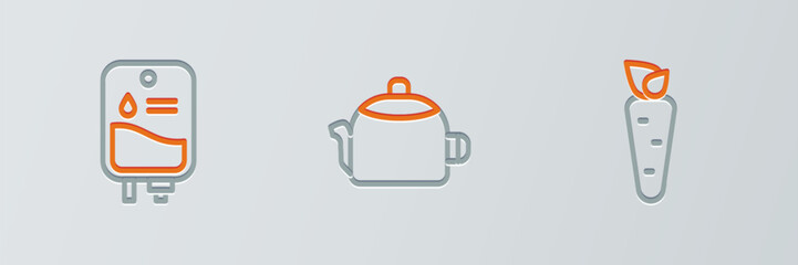 Sticker - Set line Carrot, IV bag and Kettle with handle icon. Vector