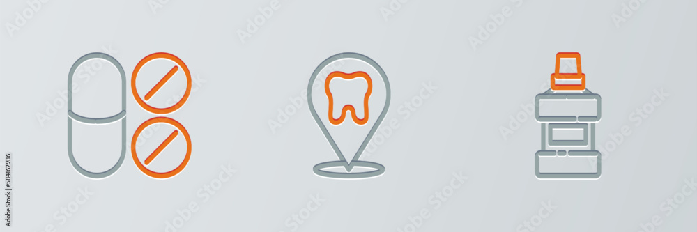 Set line Mouthwash bottle, Painkiller tablet and Dental clinic location ...