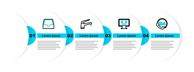 Poster - Set line Telephone 24 hours support, Dead monitor, Water tap and Social media inbox icon. Vector