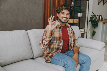 Wall Mural - Young smiling happy fun Indian man wears casual clothes showing okay ok gesture sits on grey sofa couch stay at home hotel flat rest relax spend free spare time in living room indoor. Lounge concept.