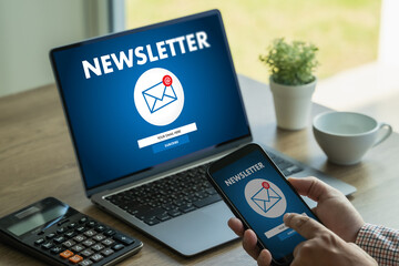 Poster - man signup page subscribe newsletter concept on tablet and smartphone screen on mobile