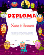 Kids diploma. Cartoon vitamin and micronutrient superhero characters. Vector certificate with Fe, Cu and Cl, K, I and Mn, Mg, Zn and P food supplement capsules personages in fairytale night city
