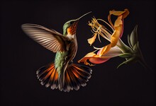 A Hummingbird Flying Over A Dark Background Towards A Flower. A Blur Of Orange Flowers In Foreground And Background. Generative AI