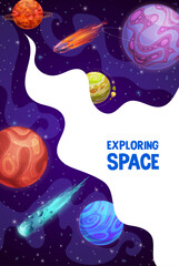 Poster - Space exploring poster. Space planets, asteroids, stars and comets. Vector background with extraterrestrial galaxy landscape. Universe exploration, astronomy science, interstellar travel vertical card