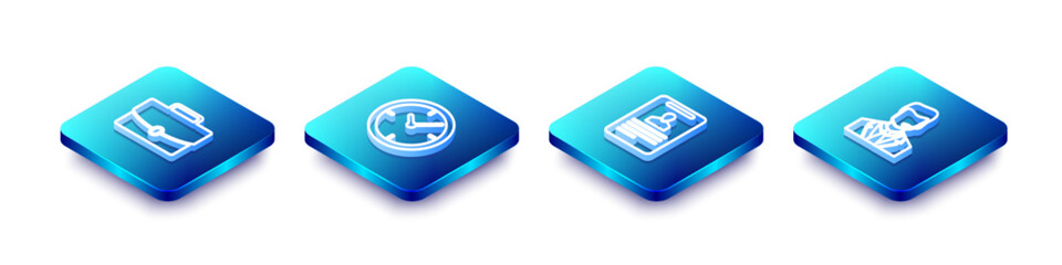 Poster - set isometric line briefcase, clock, identification badge and man with headset icon. vector