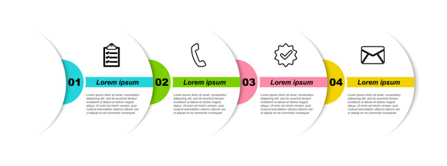 Sticker - Set line Clipboard with checklist, Telephone handset, Approved mark and Envelope. Business infographic template. Vector