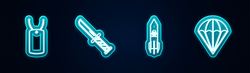 Sticker - Set line Military dog tag, knife, Biohazard rocket and Parachute. Glowing neon icon. Vector