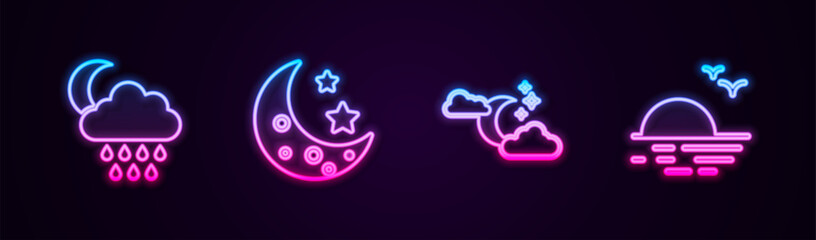 Sticker - Set line Cloud with rain and moon, Moon stars, and Sunset. Glowing neon icon. Vector