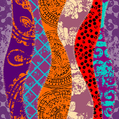 Poster - Textille wavy patchwork pattern. Vector image. Grunge bright ornaments.