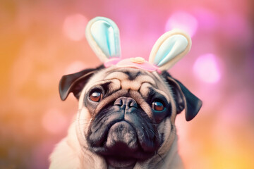 Wall Mural - Pug dog wearing pink Easter bunny ears. Generative AI