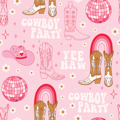 Retro seamless pattern with different Cowgirl boots, rainbow, lettering phrase, disco ball and flowers. Wild West fashion style vector for invitation, wrapping paper, packaging etc.