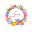 Happy Easter vector illustration. Trendy Easter design with typography, wreath, eggs and spring flowers in soft colors for banner, poster, greeting card.