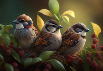 Aufkleber - Beautiful photo Sparrows concept, contemporary natural social background. Generative AI technology.