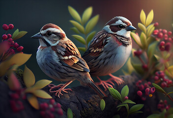 Aufkleber - Beautiful photo Sparrows concept, contemporary natural social background. Generative AI technology.