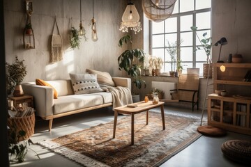 Poster - Modern boho house decor. Laptop, couch, cushions, house plants, carpet, and decorations against concrete wall. Sunlit bohemian sitting room. Generative AI