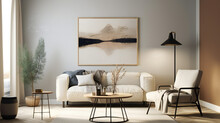 Stylish Living Room Interior With Mockup Frame Poster, Modern Interior Design, 3D Render, 3D Illustration
