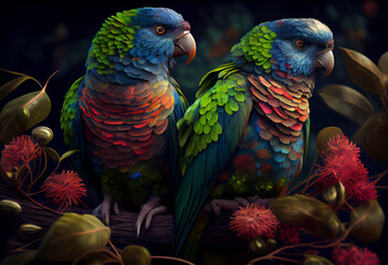 Poster - Beautiful photo Parrots concept, contemporary natural social background. Generative AI technology.
