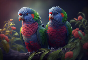 Poster - Beautiful photo Parrots concept, contemporary natural social background. Generative AI technology.
