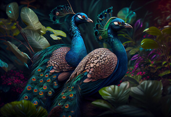 Poster - Beautiful photo Peacocks concept, contemporary natural social background. Generative AI technology.
