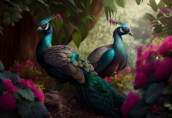 Poster - Beautiful photo Peacocks concept, contemporary natural social background. Generative AI technology.

