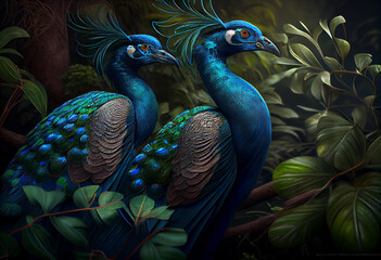 Poster - Beautiful photo Peacocks concept, contemporary natural social background. Generative AI technology.
