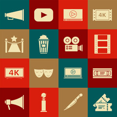 Wall Mural - Set Cinema ticket, VHS video cassette tape, Play Video, Online play, Popcorn cardboard box, Carpet with barriers and star, Megaphone and camera icon. Vector