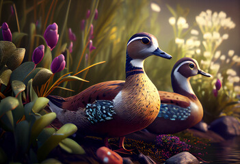 Poster - Beautiful photo Ducks concept, contemporary natural social background. Generative AI technology.
