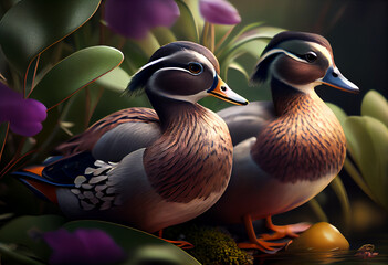 Poster - Beautiful photo Ducks concept, contemporary natural social background. Generative AI technology.
