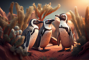 Poster - Beautiful photo Penguins concept, contemporary natural social background. Generative AI technology.
