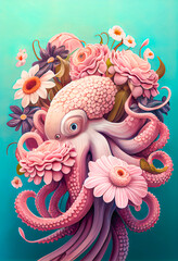 Wall Mural - Abstract creative animal concept of pastel pink octopus, octopus covered with fresh spring flowers. Pastel blue background. Illustration, Generative AI.